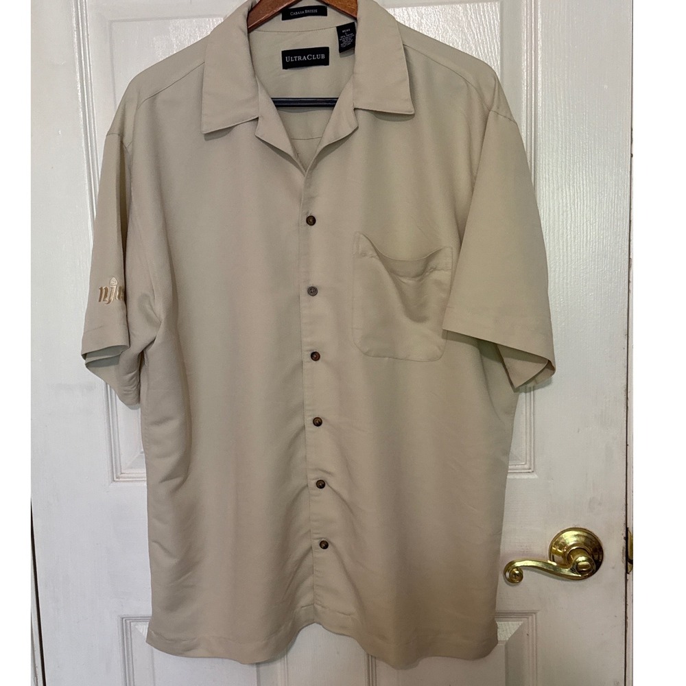 UltraClub Cabana Breeze Shirt‎ Mens Large Tan Short Sleeve Button Up NJEA logo